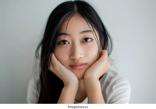 Portrait of a Young Asian Woman with Long Black Hair
