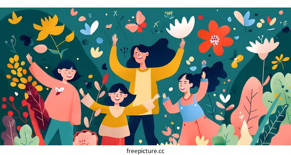 Happy Family of Four Surrounded by Blooming Flowers