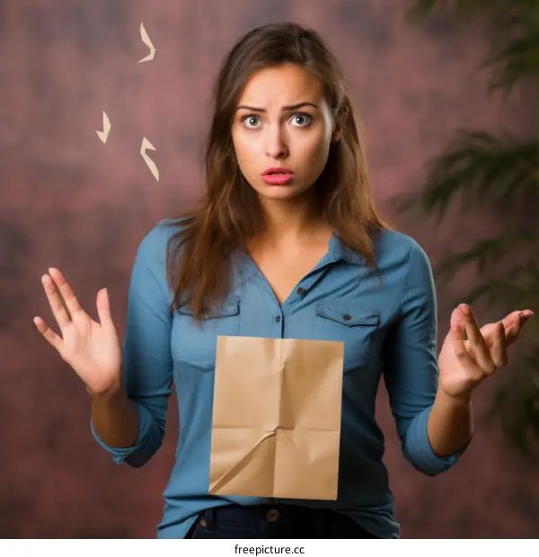 A young woman with a paper bag over her head and arms outstretched in front of her