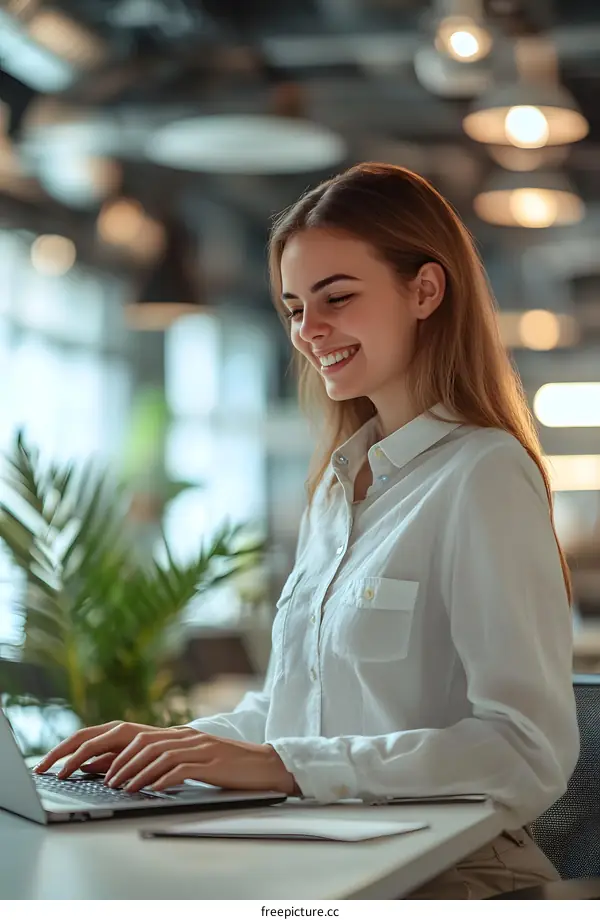 Smiling Woman Working on Laptop in Modern Office