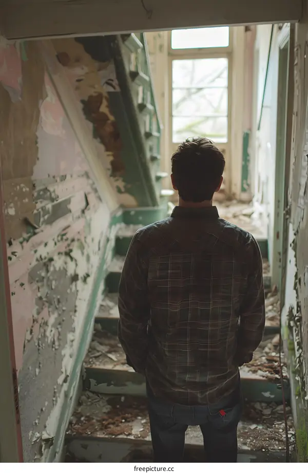 Man looking up at a window in an abandoned building