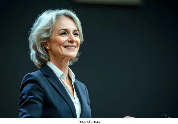 Smiling Businesswoman with Gray Hair in a Suit