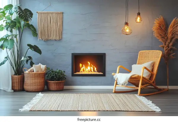 Modern Cozy Living Room with Fireplace and Wicker Rocking Chair