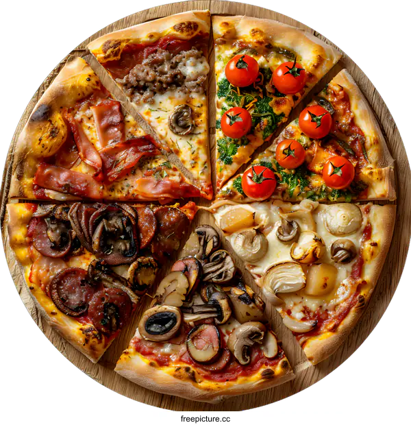 [Transparent Background PNG]Assorted Pizza Slices with Different Toppings on Wooden Board