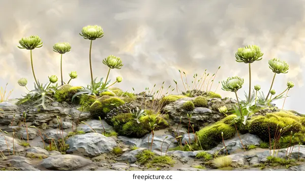 Green Mossy Rocks with Flowers and Sky Background