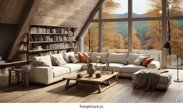 Cozy Scandinavian Living Room with Forest View