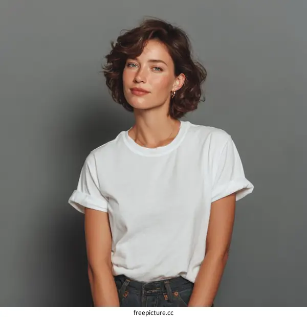 Stylish Woman in White T-Shirt Studio Portrait