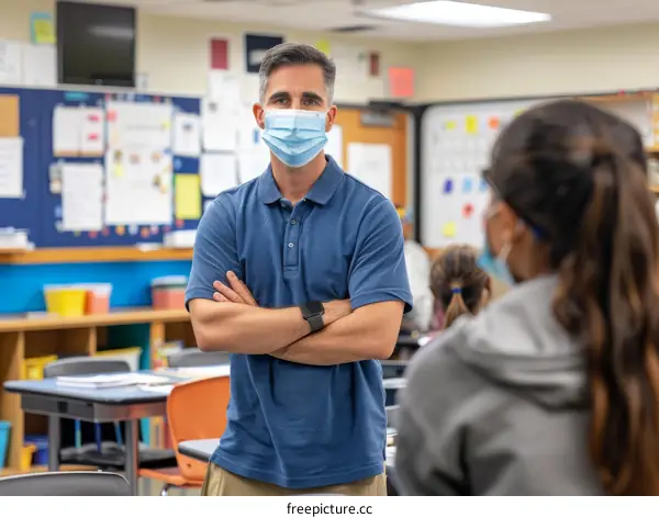 Teacher wearing a mask in a classroom with students