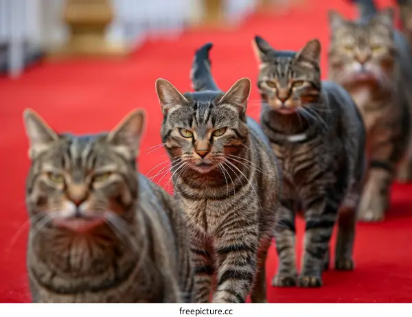 Four cats walking on a red carpet