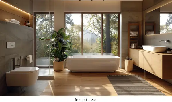 Modern bathroom with forest view