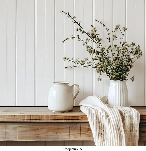 White Vase with Dried Flowers and a Ceramic Pitcher on Wooden Shelf