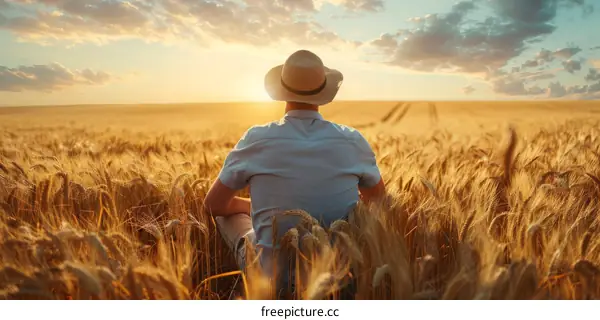 A farmer is sitting in a wheat field and looking at the sunset.
