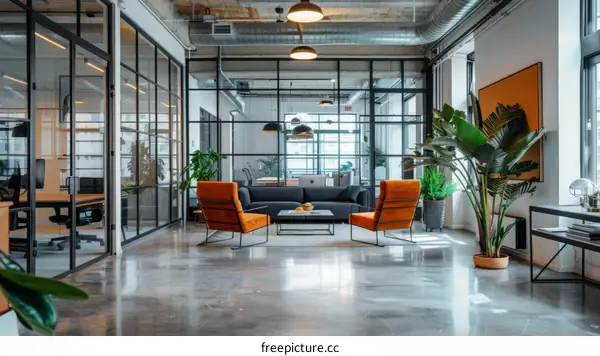 Modern office with stylish furniture and green plants