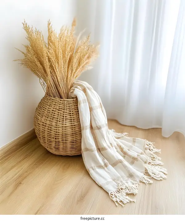 Wicker Basket with Dried Pampas Grass and Throw Blanket