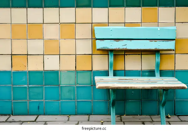 Blue Wooden Bench Against A Checkerboard Tile Wall