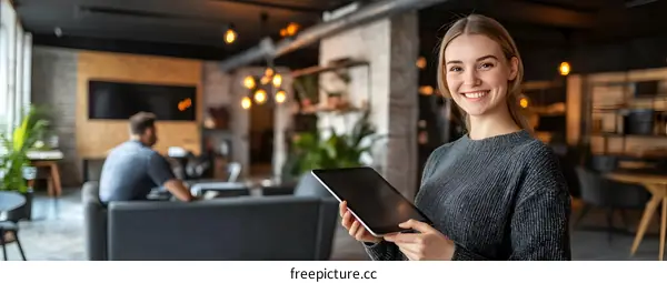 Smiling Woman Holding Digital Tablet In Cafe