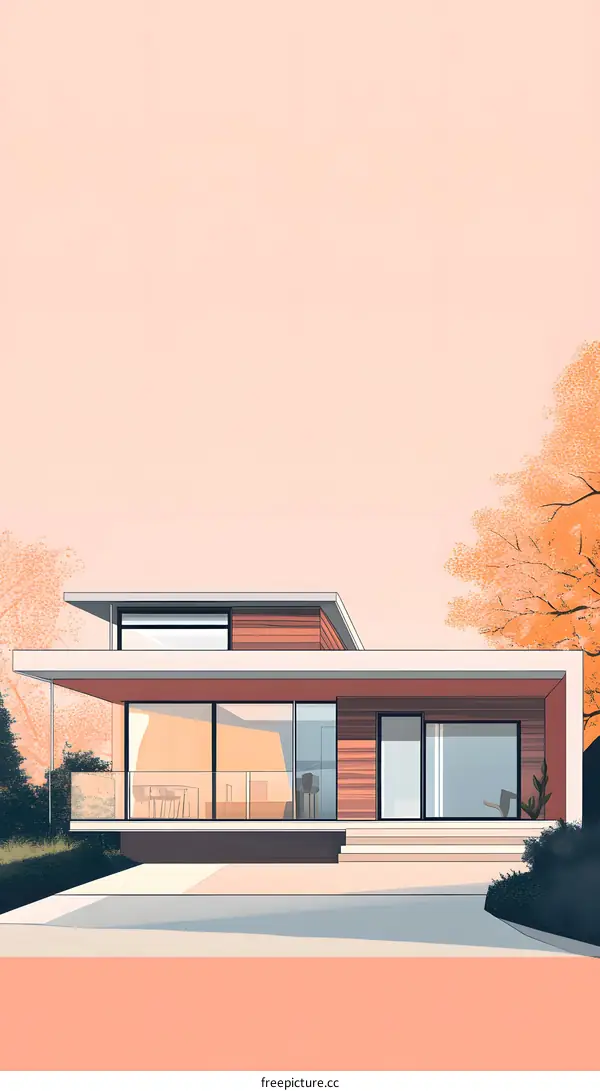 Modern House Illustration with Pink Sky