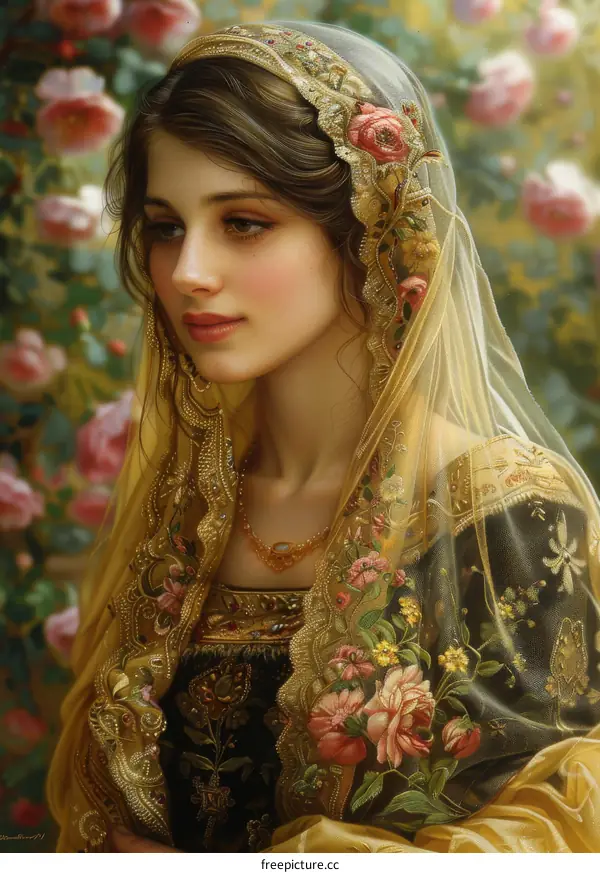 Portrait of a Beautiful Woman in a Floral Embroidered Dress