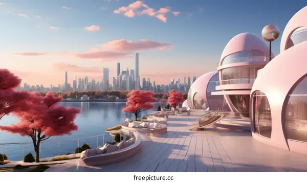 Pink Futuristic Cityscape with River and Cherry Blossoms