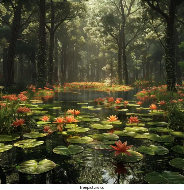 Enchanted Forest Pond with Orange Water Lilies