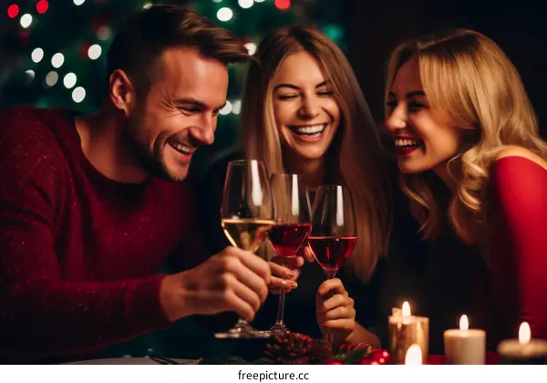 Three friends are celebrating Christmas and drinking wine.