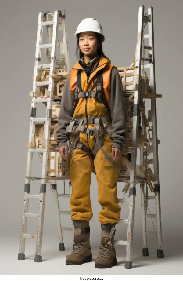 woman in hardhat and safety gear with wooden ladders