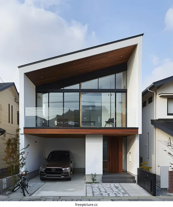 Modern House with Wooden Ceiling and Glass Balcony