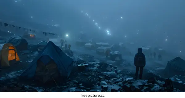 Campsite at Night with Fog and Stars