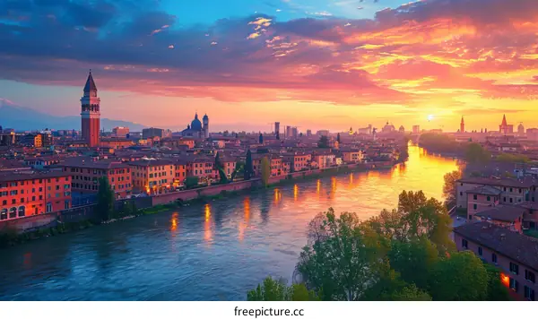 Verona cityscape with river Adige at sunset, Italy