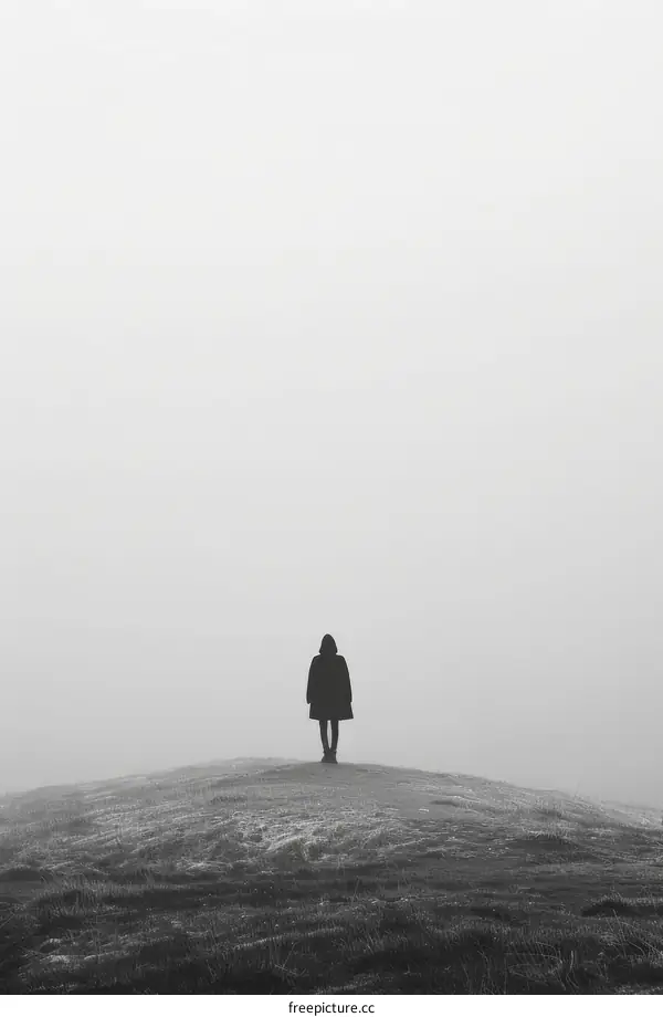 Person walking towards camera in foggy landscape