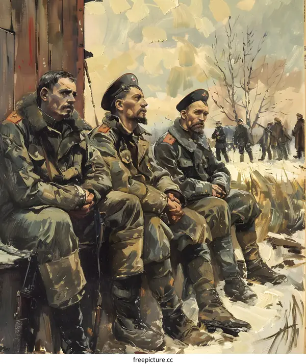 Three soldiers are sitting on a wooden fence