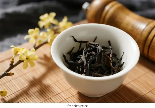 A white ceramic cup filled with dried tea leaves on a bamboo mat