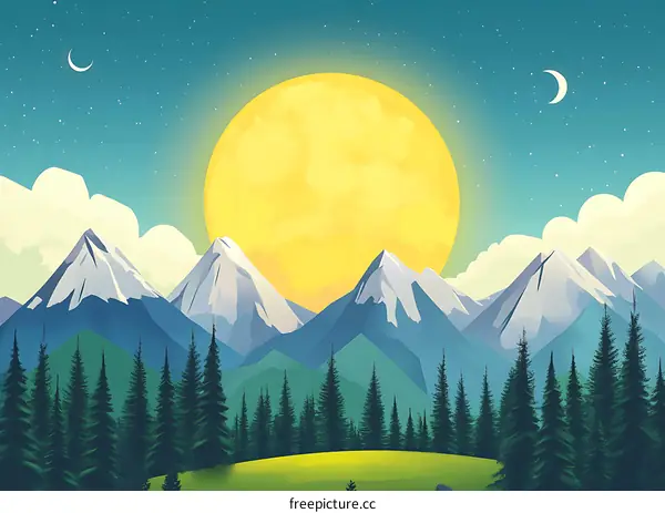 Mountain Landscape with Full Moon and Stars