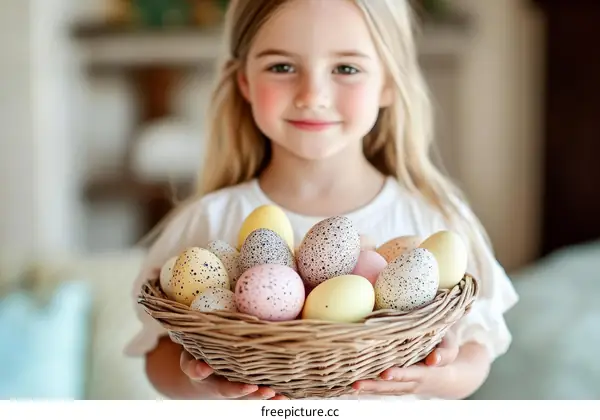 A Little Girl Holding Easter Eggs in a Basket