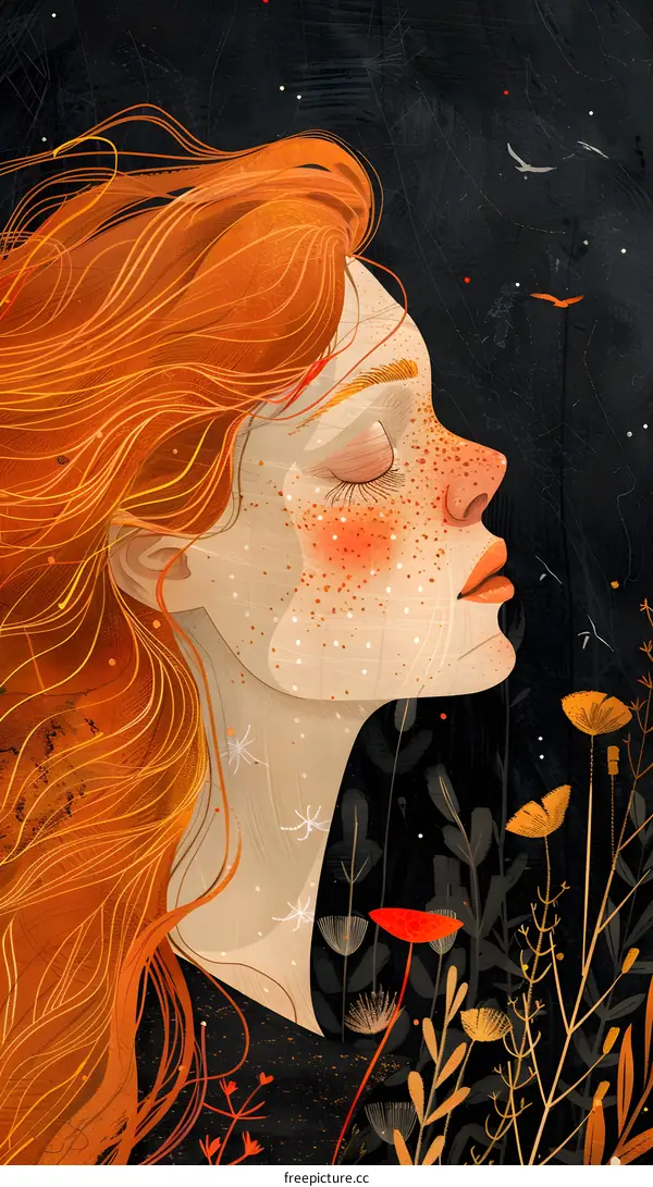 Woman with Red Hair and Freckles in a Field of Flowers