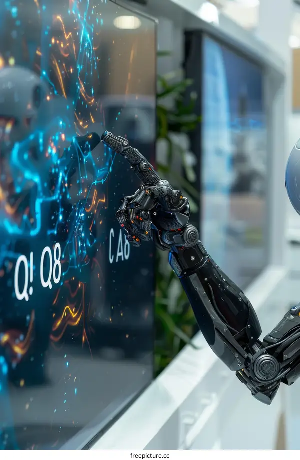 Robot Hand Interacting with Futuristic Technology Interface