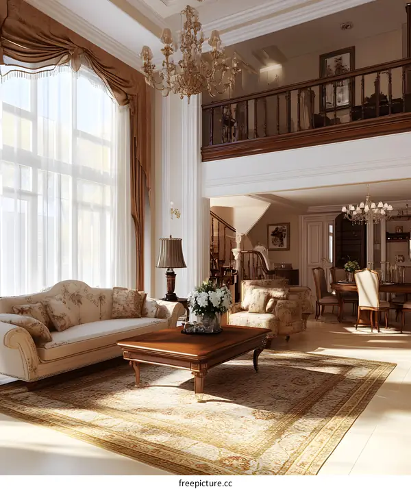 Luxury Living Room Interior Design with Chandelier and Large Window