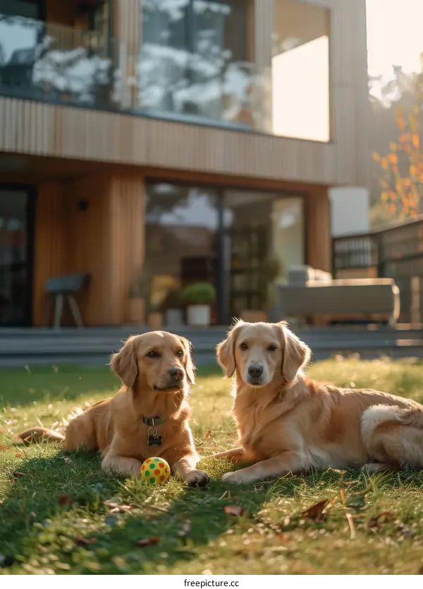 Two Golden Retrievers Play in the Grass in Front of a Modern House