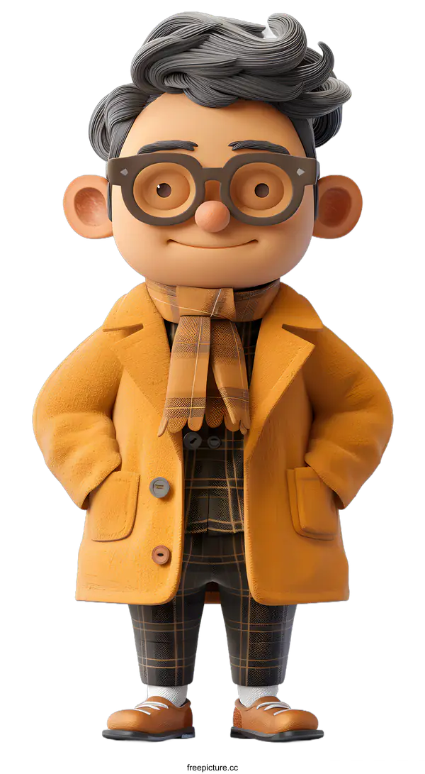 [Transparent Background PNG]3D cartoon character of a man wearing a yellow coat and glasses