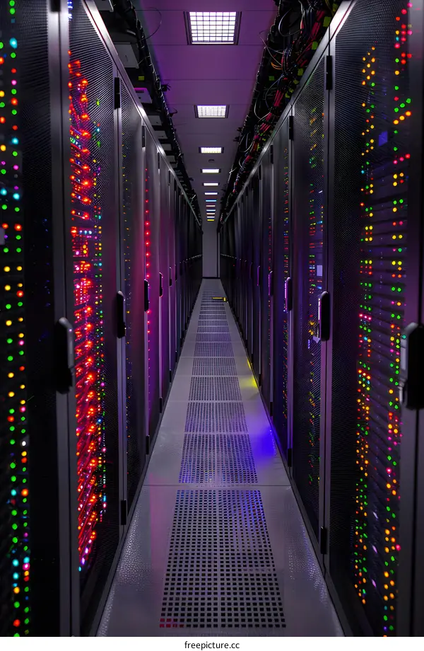 Server room with colorful lights