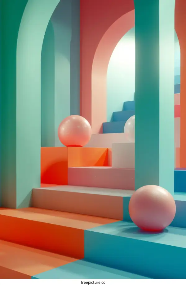Abstract Colorful Archway with Spheres and Stairs