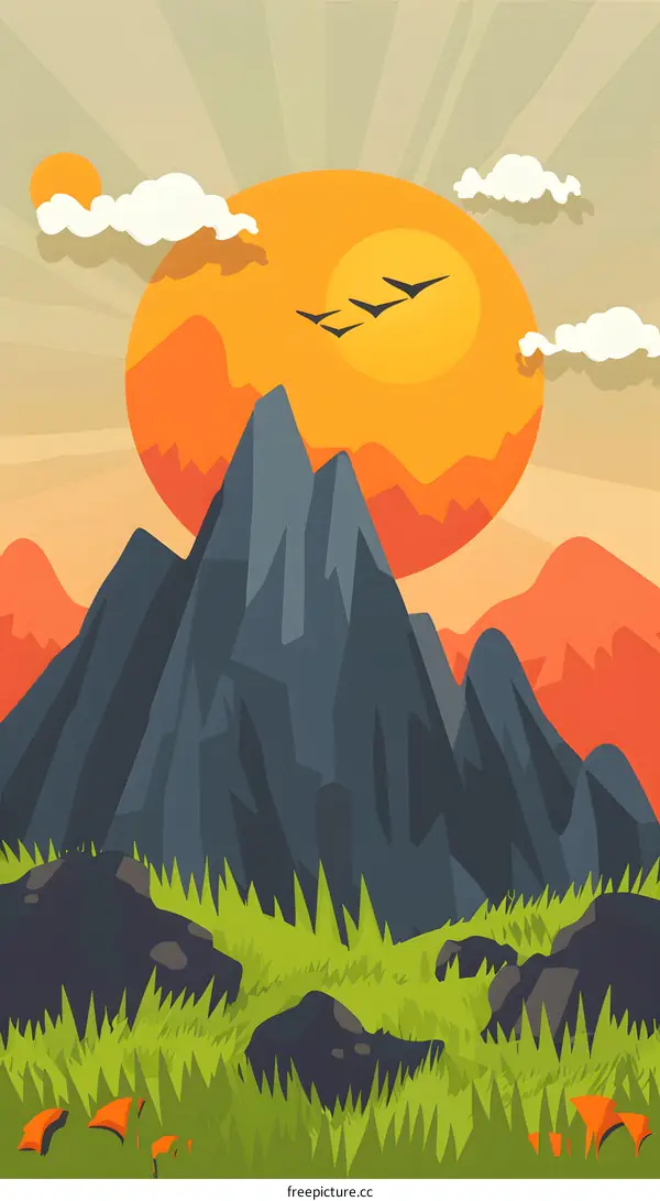 Mountain Landscape with Sunset and Birds