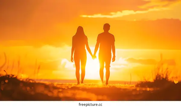 Silhouettes of Couple Holding Hands at Sunset