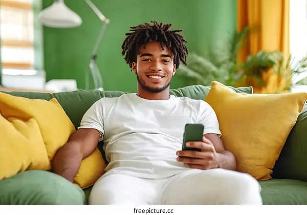 Young Man Relaxing on Couch with Smartphone