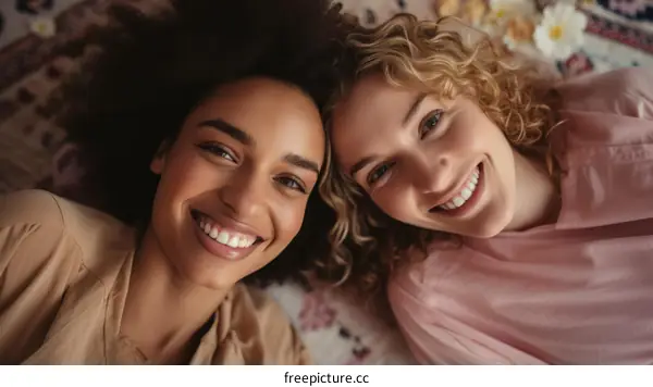 Two young multiracial women smiling at the camera
