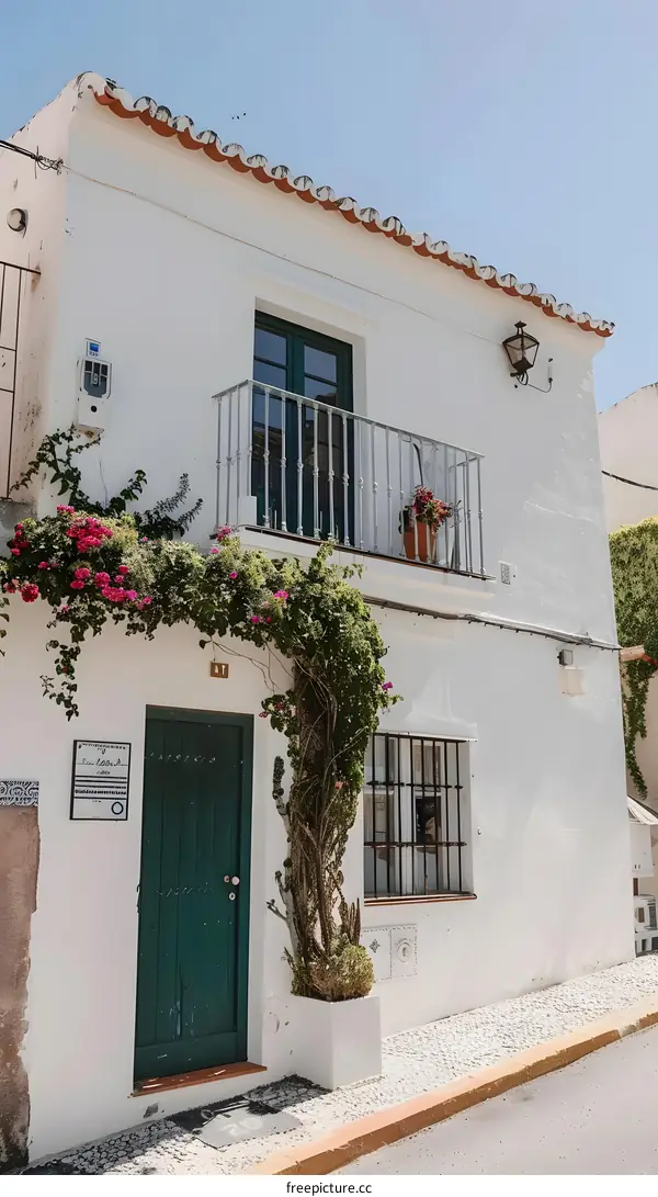 White House With Green Door And Balcony