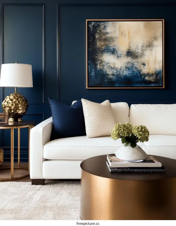 Modern Living Room Decor with Dark Blue Walls