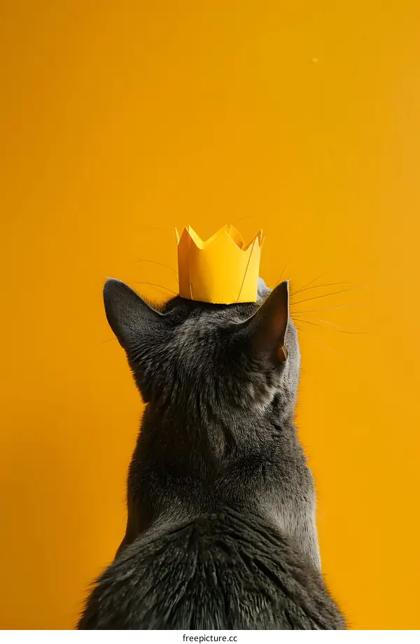Gray Cat Wearing a Paper Crown on Yellow Background