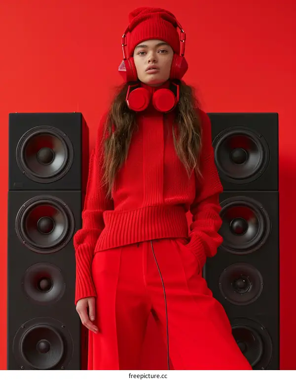 red monochromatic outfit with red headphones