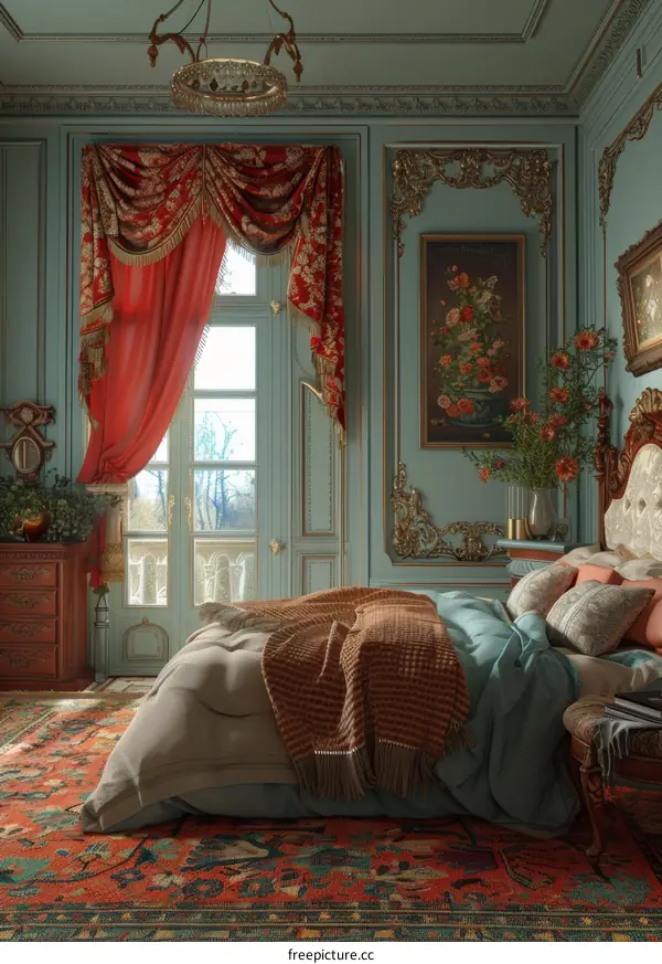 Vintage Bedroom Interior with Red Curtains and Balcony Doors